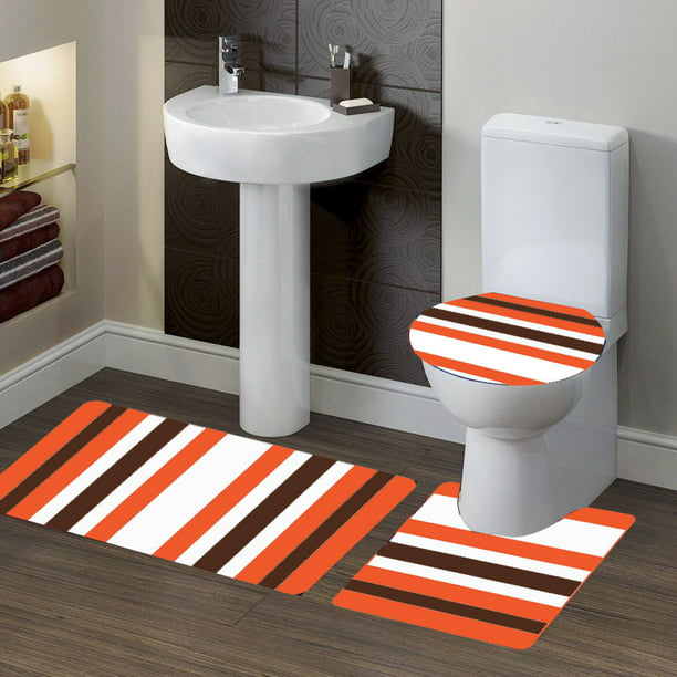 Stripe 3 Pc Thick High Pile Bathroom Set With Bath Mat Rug & Lid Cover Orange